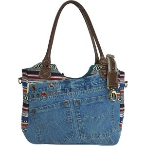 Sac À Main Pour Femme - Sac À Main Durable En Coton Et Cuir Recyclé - Grand Sac À Bandoulière Avec De Nombreux Compartiments - Cadeau Pour Femme/Fille, Bleu Multicolore., Xl[H3496] - Neuf