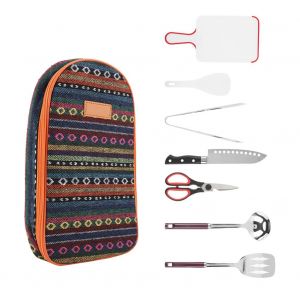 HJLIAN Ensemble d'ustensiles de barbecue portables 8 pieces pour camping, kit d'accessoires de cuisine avec sac de transport - Neuf