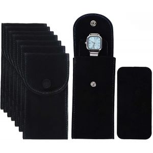 Kal-Lot De 8 Pochettes De Montre Portables En Velours Pour Montre Homme Et Femme Avec Bouton Pression - Sac De Rangement Et Organisateur (Noir) - Neuf