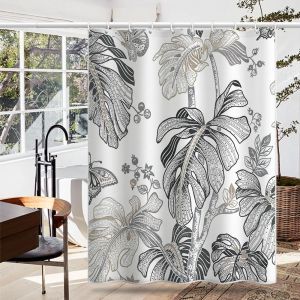 Rideau de douche anti-moisissure noir 180 x 200 cm, motif feuilles tropicales, lavable en machine, tissu imperméable, avec crochets - Neuf