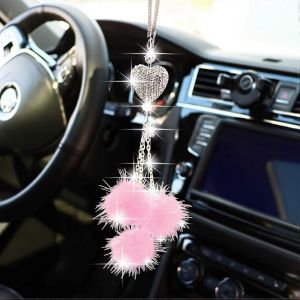 Bling Car Miroir Accessoires pour Femmes Hommes Bling Love Coeur et Boule en peluche rose - Neuf