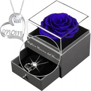 Cadeaux F&ecirc;te des M&egrave;res,Cadeaux Maman,Rose Eternelle F&ecirc;te des M&egrave;re,u201cMeilleure Maman du Mondeu201den Italien, Fleur Eternelle avec Bijoux, Cadeaux Anniversaire Maman,Cadeaux Grand-m&egrave;re,Rose Bleue - Neuf