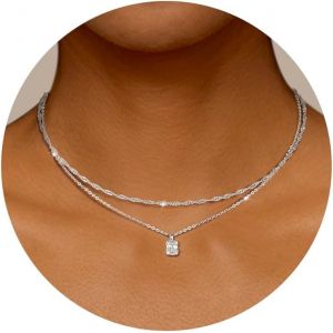 Kal-Chaîne Pour Femme - Plaqué Or 14 Carats - Avec Pendentif Carré - Solitaire - Étanche - Mini Cz - Chaîne Superposée - Argenté/Doré - Neuf