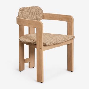 Pack de 2 chaises de salle &agrave; manger avec accoudoirs en bois d'acacia et rotin synth&eacute;tique Ginara Acacia Marron Clair - Neuf