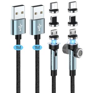 Lot De 2 C&acirc;bles De Charge Magn&eacute;tiques 3 En 1-1M + 1 M - C&acirc;ble De Charge Magn&eacute;tique 360&deg; Et 180&deg; - Charge Rapide 3 A Et Transfert De Donn&eacute;es - Pour Produits De Type C/Micro Usb/I-Products - Neuf
