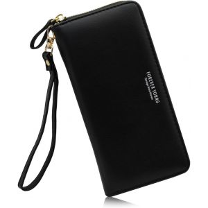 CAUC-Porte Monnaie Femme Grand Porte Feuilles pour Femme, Portefeuille Femmes avec 12 Emplacements de Cartes, Portes Feuille Femmes Longue Pochette &agrave; Poignet avec Dragonne D&eacute;tachable (Noir) - Neuf