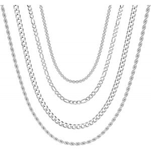 4 Pcs Collier En Acier Inoxydable Pour Hommes Et Femmes - Argent - Cha&icirc;ne Pour Pendentif Cubain - Lien Cha&icirc;ne Figaro Rolo - Ensemble 46cm - Neuf