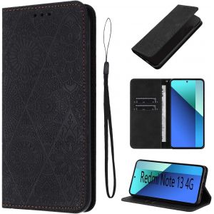 KAL-&Eacute;tui Pour Xiaomi Redmi Note 13 4G 6.67 Pouces Cuir Artificiel Coque Redmi Note 13 4G Avec Fente Pour Carte Coque Redmi Note 13 Motif De Fleurs B&eacute;quille Housse Noir - Neuf