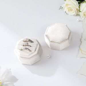 (Blanc) 1 Bo&icirc;te &Agrave; Bagues En Velours 3 Emplacements Pour La Saint-Valentin, Bo&icirc;te &Agrave; Bagues Octogonale Avec Couvercle Amovible - Neuf