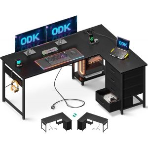 Ulteronixshop-Bureau d'angle avec 4 Tiroirs, 135&times;100 cm Bureau en L avec Prises de Courant et Ports de Charge USB, Table Angle avec Rangement R&eacute;versible pour Travailler et Jouer, Noir - Neuf