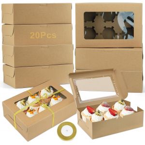 Boite Papier Kraft Marron Boîtes À Gâteaux Avec Fenêtre Transparente Ruban 20pcs Boite A Cupcake Boite Patisserie Pour Patisserie Macarons Bonbons Biscuits Kraft Boite Gateau Couleur Du Vélin - Neuf