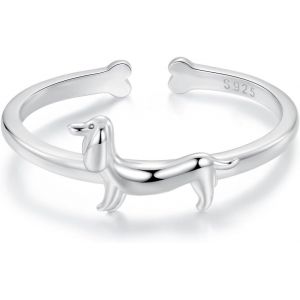 Kahfl-Bague Ouverte En Argent 925 Avec Joli Teckel-Anneaux Empilables Animaux-Bague Réglable Pour Femme Et Fille-Bijou Fantaisie,Métal Précieux,Aucune Pierre Précieuse - Neuf