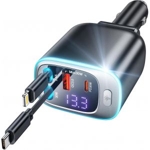 Ongi-Rétractable Chargeur Allume Cigare Usb C,[Charge Rapide 4 Ports] Chargeur Voiture 72w,Prise Allume Cigare 12v Pd30w&qc3.0,Câbles Doubles 65cm Adaptateur Allume Cigare Pour Iphone/Galaxy/Ipad - Neuf