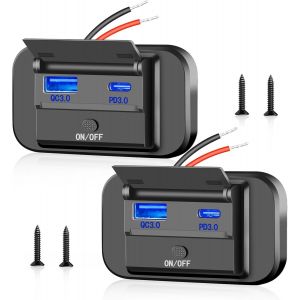 Prise USB 12V, 2 PCS Prise de Chargeur USB de Voiture QC3.0 USB & PD Type C Charge Rapide Prise USB Voiture Encastrable avec Interrupteur pour 12V/ 24V Camping Car Bateau Voitures - Neuf