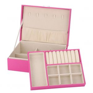 Double Couche Bijoux Boucles D'oreilles Bagues Bracelet Collier Bo&icirc;te Pu Organisateur Rangement (Rose Rouge) - Neuf