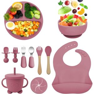 Kal-Coffret Repas Bebe Silicone,11 Pièces Assiette Ventouse Pour Bébé Assiettes,Couverts Pour Enfants Sans Bpa,Bols,Dossards,Cuillères,Fourchettes,Gobelets À Boire,Assiette De Diner - Neuf