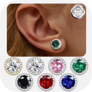 Meimie-Boucles D'oreilles Femme Argent 925-Boucles D'oreilles Rondes Avec Pierre De Naissance-Hypoallergéniques Boucles D'oreilles Clous 8mm-Brillant Grandes Boucles D'oreilles Zirconium - Neuf