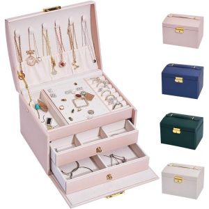 Nbgcm-Boîte À Bijoux, Rangement Bijoux Verrouillable, Coffret Bijoux Femme Avec 2 Tiroirs Et 3 Couches, Rangement Pour Montre, Collier, Bague, Bracelet, Idée Cadeau (Rose Grande Taille) - Neuf