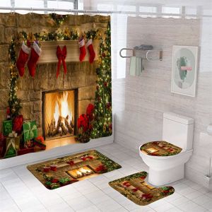 No&euml;l Chemin&eacute;e Rideau De Douche, Set De 4, Rideau De Douche Avec Des Ensembles De Tapis, Toilette D'un Couvercle Et De Tapis De Bain Pour Salle De Bain D&eacute;coration De No&euml;l, D&eacute;coration Salle De Bain Th - Neuf