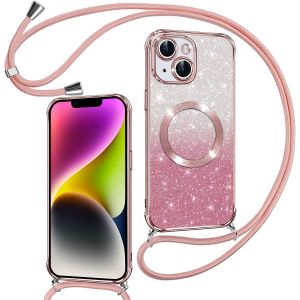 TRAHOO-Couqe Magn&eacute;tique pour iPhone 14 Plus Con Cordon, Compatible avec MagSafe, Brillant Glitter Paillet&eacute; Antichoc Durable R&eacute;sistante Etui pour iPhone 14 Plus Anti-Poussi&egrave;re Soft TPU Bumper, Rose - Neuf