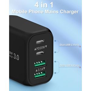Chargeur Usb C Rapide 40w 4 Ports, Adaptateur Secteur Pd Et Qc Avec C&acirc;ble 2m, Compatible Iphone 15 Series, Galaxy S23 Ultra/S23/S22/S21/S20/S10/Note20 (Noir)[Z4598] - Neuf