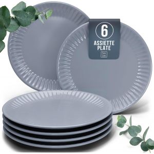 Eryi-Service De Vaisselle En Grès Pour 6 Personnes - Grandes Assiettes En Grès Hygge Design Scandinave - Assiettes À Dîner, Grandes Assiettes - Service De Table Rainuré En Bleu Gris - Neuf