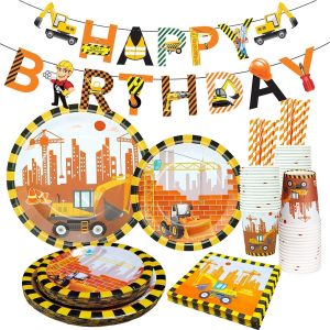 Letnerny-106 Pcs Excavatrice Anniversaire Vaisselle, Pour 20 Invités, Papier Ingénierie Véhicule Construction Voiture Fête Fournitures, Pour Enfants Thème Fête D'anniversaire Douche Décoration - Neuf