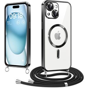Magn&eacute;tique Coque avec Cordon pour iPhone 15, Compatible avec MagSafe, Coque Magn&eacute;tique en Galvanis&eacute; avec R&eacute;glable Collier Lanyard, Antichoc pour iPhone 15, Noir - Neuf