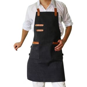 Loranka-Tablier De Cuisine Homme Noir R&eacute;glable En Toile Bavoir Dos Crois&eacute; Avec Poches Unisexe Tablier Professionnel Pour Jardin Peinture Coiffure Barbecue - Neuf