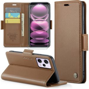 Kal-Coque Pour Xiaomi Redmi Note 12 Pro Plus 5g+ 2 Pièces Verre Trempé,Antivol,Prend En Charge Le Chargement Sans Fil, Pochette Fermeture Magnétique Flip Case-Marron - Neuf