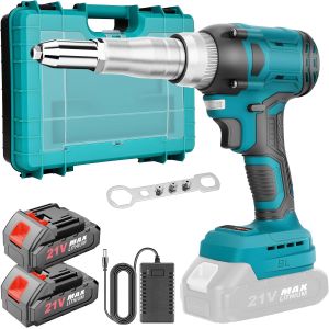 MEVRONISSHOP-Pince &agrave; Riveter Sans Fil Compatible avec la Maa-kita 21V Batterie avec 2 Batteries, 20,000 N Riveteuse Electrique, Pince &agrave; Riveter Electrique pour Rivets en Aluminium de 2,4-4,8 mm - Neuf