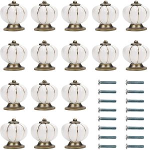 Bouton Ceramique Meuble Blanc et Or avec Vis en Forme de Citrouille (Lot de 16) - 3,6 x 3,9 cm - Bouton de Meuble Rond Vintage - Pour Maison, Bureau, Armoire de Cuisine, Tiroirs et Placard - Neuf