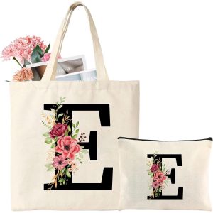 Sjzg-Sac Fourre-Tout En Toile Avec Initiale, Sac Cadeau Personnalisé Avec Trousse De Maquillage Florale, Adapté Pour Mariage, Anniversaire, Plage, Vacances, Excellent Cadeau Pour Femme, Maman - Neuf