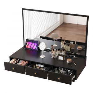 Coiffeuse suspendue 100&times;105&times;45 cm, miroir + 3 tiroirs + prises &eacute;lectriques, noir - Neuf