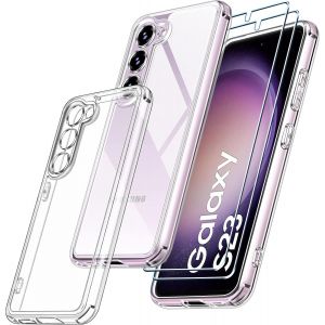3 En 1 Coque Pour Samsung Galaxy S23 5g (Pas Pour S23 Plus/Ultra) Avec 2 Pi&egrave;ces Verre Tremp&eacute;, [Anti-Jaune] [Protection Militaire] [Protection Cam&eacute;ra] Transparente &Eacute;tui De Antichoc Housse - Neuf