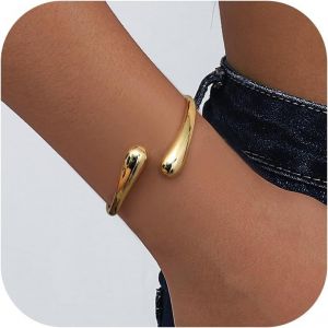Ytseazn-Bracelet Manchette Jonc Plaqué Or 18 Carats Pour Femmes Bracelets Manchette En Forme De Goutte D¿Eau Martelé Bracelets Larges Réglables Bracelet De Irrégulière Bracelet Manchette En Or - Neuf