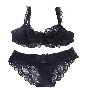 Ensemble De Sous-Vetements En Dentelle Pour Femme, Soutien-Gorge Ultra Fin, Ajoure, Charmant, Attrayant Et Respirant, Noir, Taille 75b - Neuf