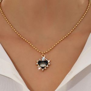 Kal-Collier Ras Du Cou Coeur Noir Collier Boho Coeur En Cristal Collier Chaîne En Perles Or Collier Coeur En Émail Noir Collier Goutte Vintage Collier Chaîne Bijoux Pour Femmes Filles Cadeaux - Neuf