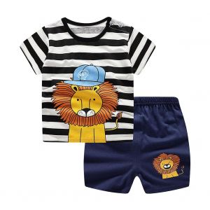Ensemble D'ete Pour Bebe, T-Shirt A Manches Courtes Et Short A Rayures, Motif Animal (73) - Neuf