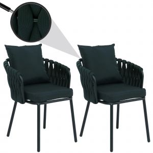 Lot de 2 chaises de salle &agrave; manger en aluminium HWC-P89, chaise d'int&eacute;rieur avec accoudoirs, tissu/textile (180 g/m&sup2;) tressage en cordevert - Neuf