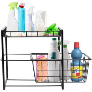 Chenquansarl-Organ Ur De Sous-Sol De Cuisine Noir Avec 2 Étagères Dont Un Panier Amovible, Organisateur De Cuisine, Gain De Place Pour Détergents Et Accessoires - Neuf
