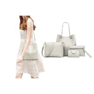 Ensemble de 4 pi&egrave;ces pour femme en cuir PU : sac cabas gris clair, sac bandouli&egrave;re, portefeuille et porte-cartes. - Neuf