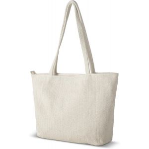 Tote Bag Sac Cabas Femme Beige Sac Fourre Tout Sac En Toile Sac Epaule Sac Tissu Sac À Main Avec Fermeture Éclair Et Poches[X472] - Neuf