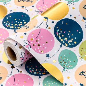 Rouleau De Papier Cadeau D'anniversaire - Joli Ballon Doré Brillant Papier Cadeau Pour Douche, Fête, Célébration - 43 Cm X 10 M - Neuf