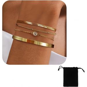 Kalanka-4 Pièces Bracelets Or Pour Femme Acier Inoxydable Plaqué Or 14 Carats Bracelets Empilables Figaro Chaîne Perles À Maillons Réglables Ensemble Bracelets Étanches Bijoux Or Pour Femme - Neuf
