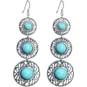 Kal-Longues Boucles D'oreilles Rondes Turquoise Avec Crochet Pendentif Pour Femmes Et Filles, Lustre Ethnique En Couches, Pendentifs Avec Gouttes Huggie Hoops Boucles D'oreilles Boho Bijoux De Mariée - Neuf