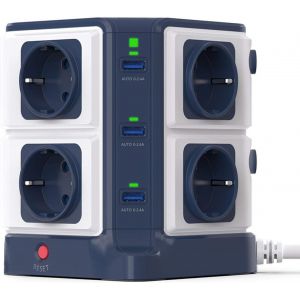 Tour Multiprise Parasurtenseur Parafoudre avec 8 Prises EU et 6 Ports USB 2,4A,Interrupteur,Adaptateur Douille,Clapet Sécuritaire,1600J Protection Surtensions,Clapet Sécurisé, 3600W/16A - Neuf