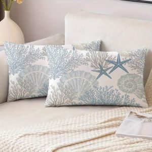 Slep-Lot De 2 Housses De Coussin D'extérieur 30 X 50 Cm Imperméable Housse Coussin Été Exterieur Coquillage D'étoile De Mer Corail Taie D'oreiller Concise Décoration Pour Salon Chambre Canapé - Neuf