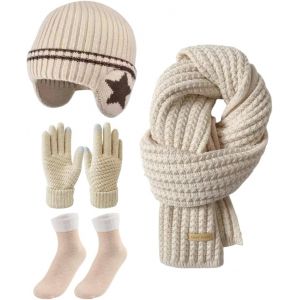 Ensemble Hiver Polaire Bonnet Tricot&eacute; Gants Chaussettes Neige Bonnet Tricot&eacute; Avec Pompon Rose Bordure Fourrure Renard, Cache-Cou Pour Plus Chaleur - Neuf