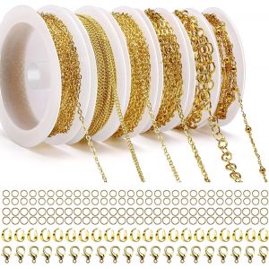 Mevronisshop-14m 6 Rouleau Cha&icirc;nes Collier, Cha&icirc;nes Pour Bijoux Dor&eacute; Avec Fermoirs &Agrave; Homard, Anneaux Saut Et Bague En U Kit Fabrication Bijoux Pour Collier Diy, Bracelet, Breloques, Artisanat D&eacute;corat - Neuf